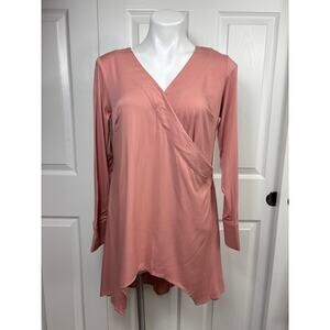 H By Halston Women's Pink Long Sleeve Tuni Top Size 2 V-Neckline Hi-Low Hem